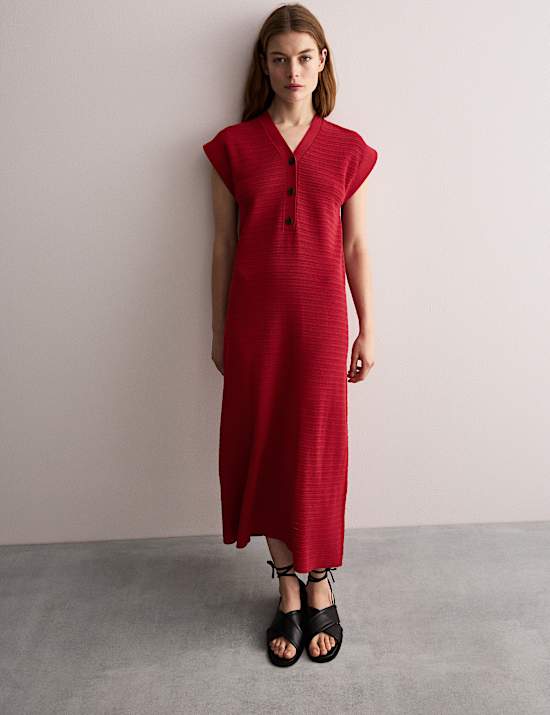 Μίντι πλεκτό φόρεμα με λαιμόκοψη V από σύμμεικτο βαμβάκι