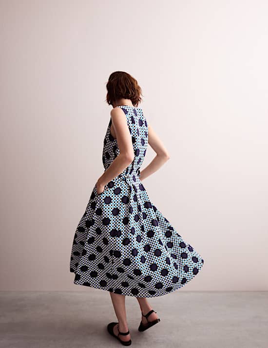 Cotton Blend Gingham Spot Print Midi Dress