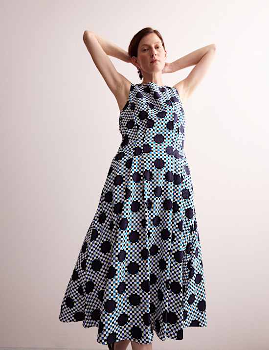 Μίντι καρό φόρεμα με πουά μοτίβο από σύμμεικτο βαμβάκι