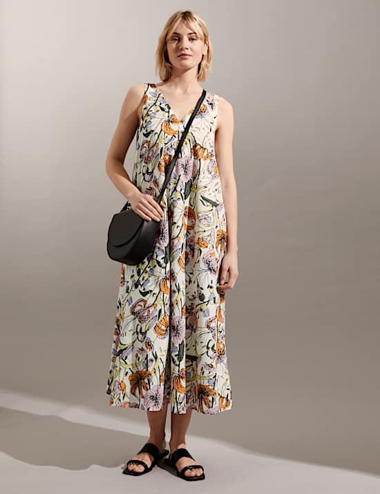 Pure Cotton Floral V-Neck Midi Shift Dress