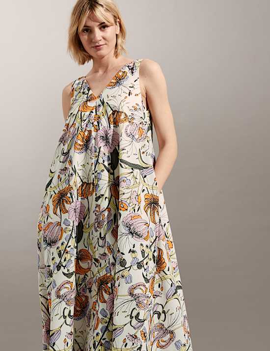 Pure Cotton Floral V-Neck Midi Shift Dress