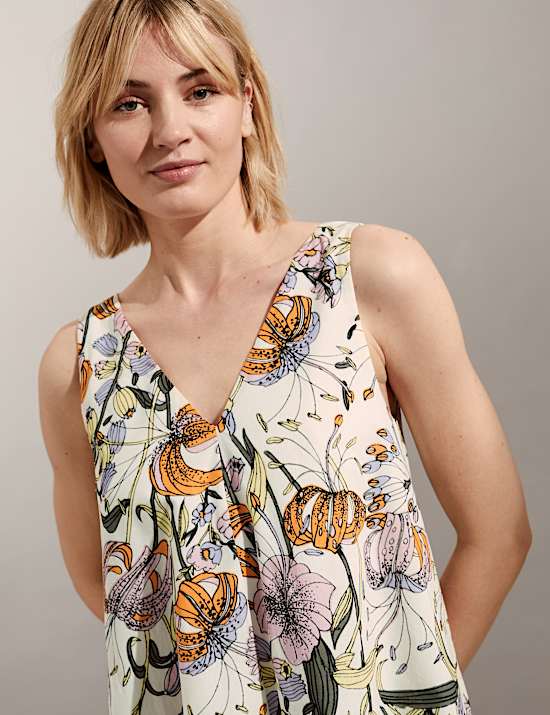 Pure Cotton Floral V-Neck Midi Shift Dress