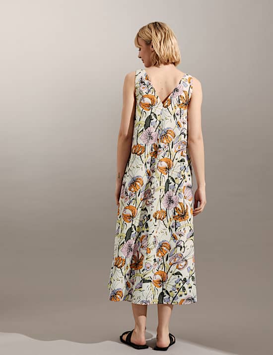 Pure Cotton Floral V-Neck Midi Shift Dress