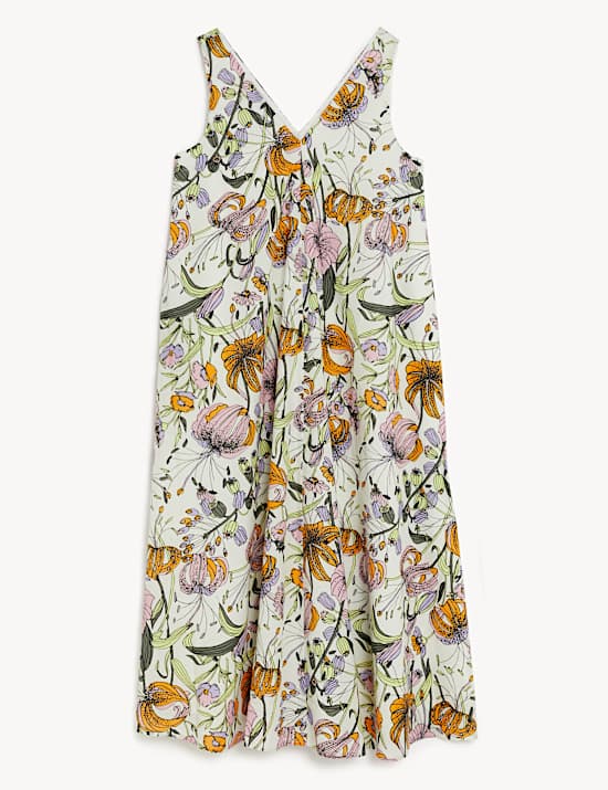 Pure Cotton Floral V-Neck Midi Shift Dress