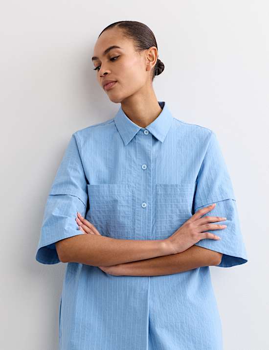 Vestido camisero a media pierna de rayas 100% algod&oacute;n