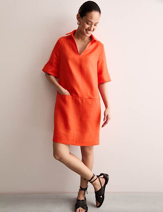 Robe tube 100 % lin longueur genou à col V