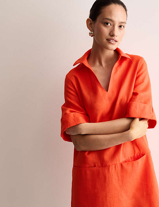 Robe tube 100 % lin longueur genou à col V