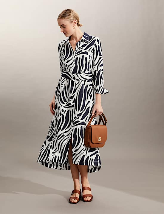 Robe midi style chemise 100&nbsp;% lin &agrave; imprim&eacute; z&egrave;bre