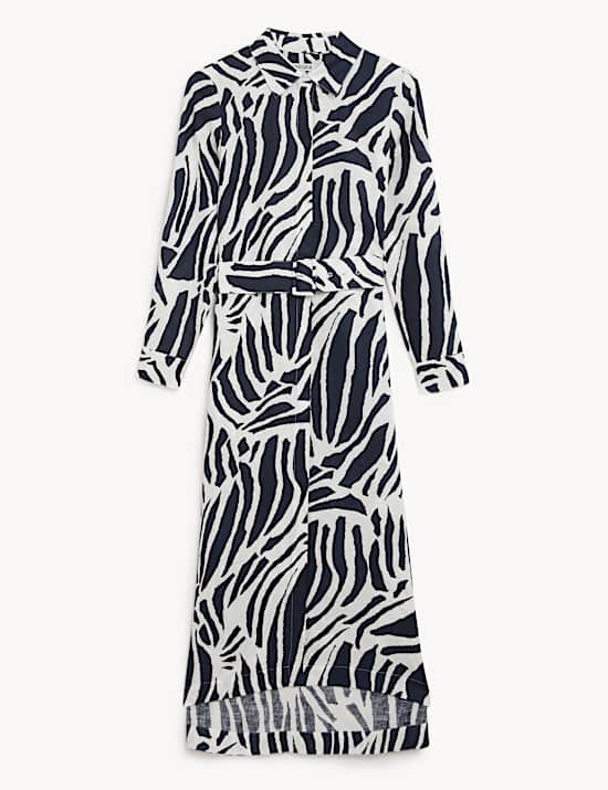 Robe midi style chemise 100&nbsp;% lin &agrave; imprim&eacute; z&egrave;bre