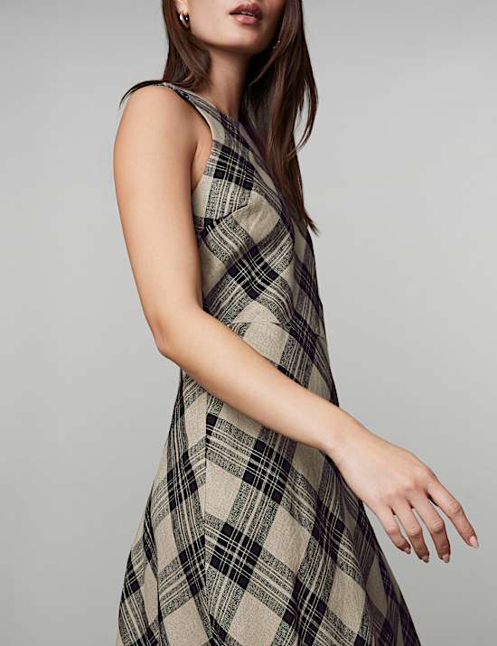 Pure Linen Checked Midi Skater Dress