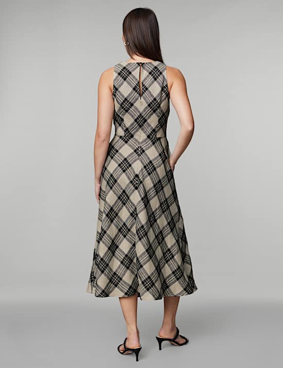 Pure Linen Checked Midi Skater Dress