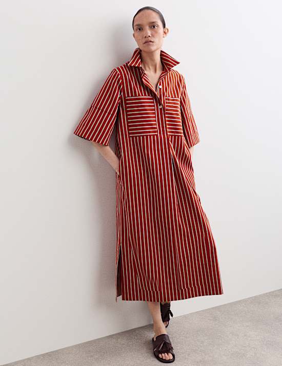 Pure Cotton Striped Midi Shirt Dress