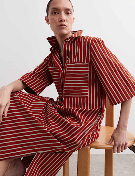 Pure Cotton Striped Midi Shirt Dress