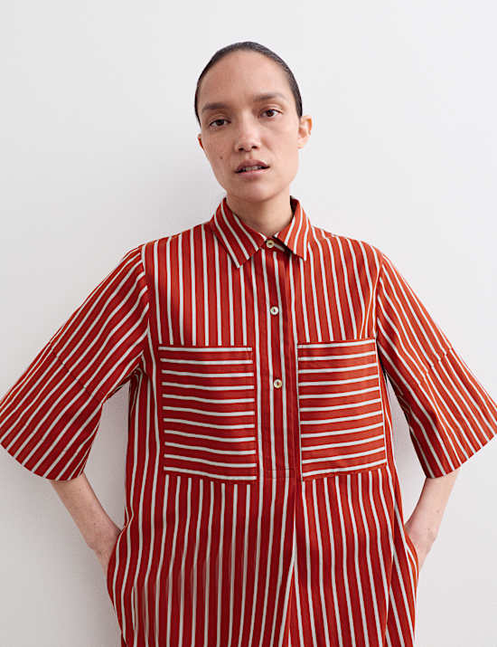Pure Cotton Striped Midi Shirt Dress