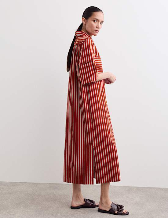 Pure Cotton Striped Midi Shirt Dress