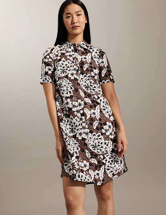 Robe chemise coupe courte 100&nbsp;% lin &agrave; motif fleuri