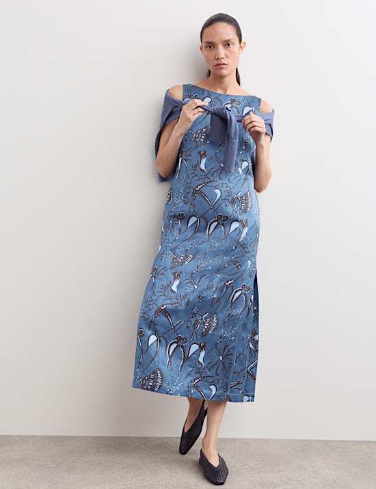 Sea Print Slash Neck Midi Column Dress