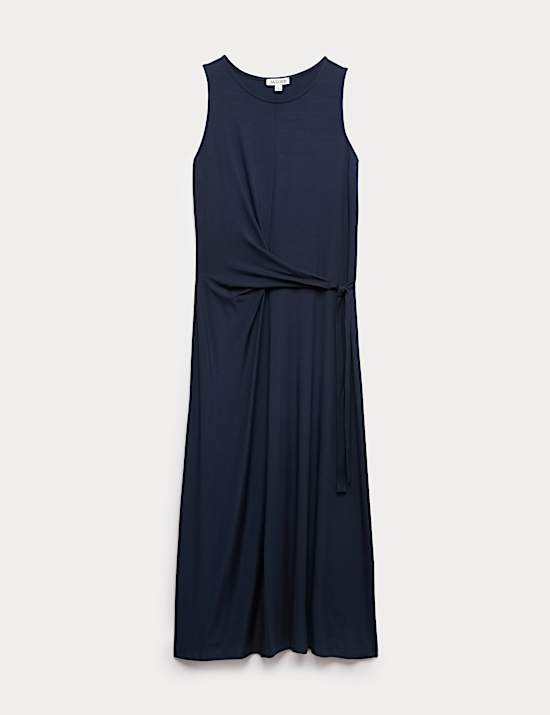 Jersey Tie Waist Midi Waisted Dress
