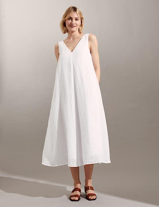 Pure Linen V-Neck Maxi Relaxed Dress