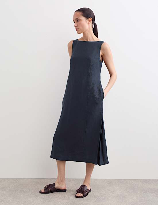 Robe midi coupe droite 100 % lin &agrave; col bateau