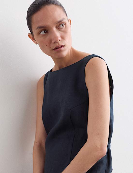 Robe midi coupe droite 100 % lin &agrave; col bateau