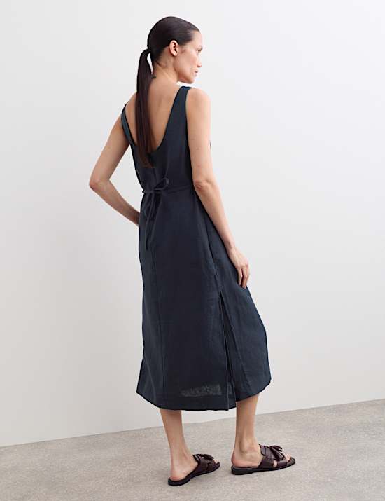 Robe midi coupe droite 100 % lin &agrave; col bateau