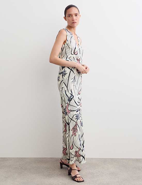 Pure Silk Floral V-Neck Maxi Column Dress
