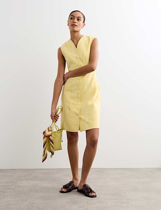 Cotton Blend V-Neck Knee Length Shift Dress