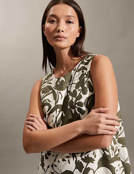 Robe midi style tube 100&nbsp;% lin &agrave; col rond et motif fleuri