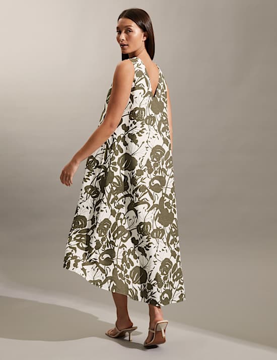 Robe midi style tube 100&nbsp;% lin &agrave; col rond et motif fleuri