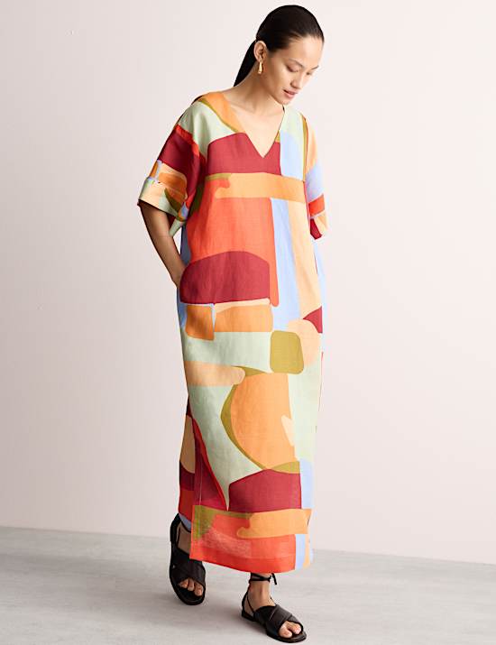 Robe tube longue en lin à motif color block