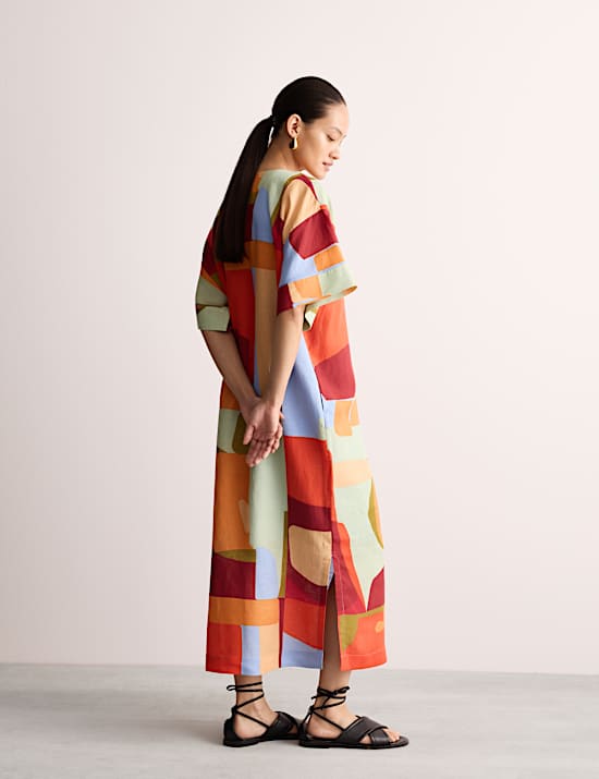 Robe tube longue en lin à motif color block