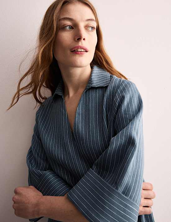 Vestido camisero por la rodilla a rayas 100 % lino