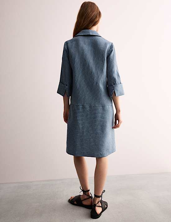 Vestido camisero por la rodilla a rayas 100 % lino