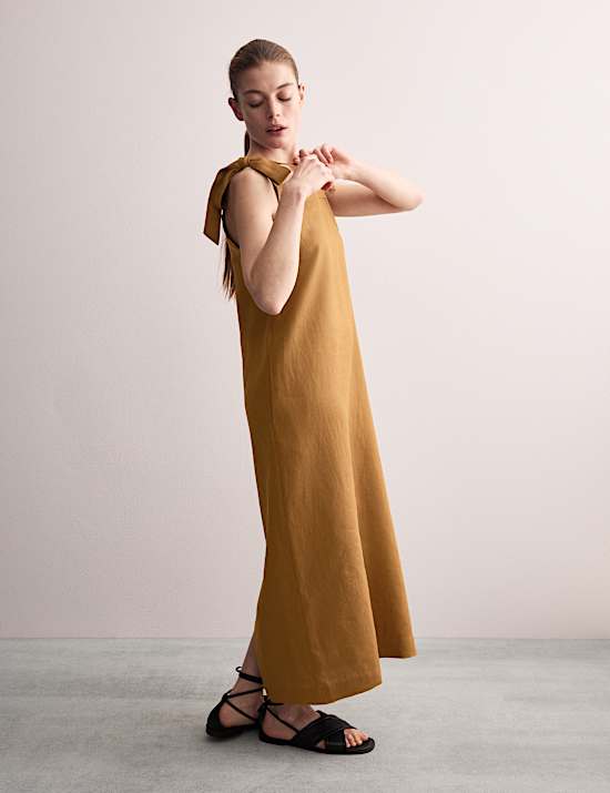 Μίντι φόρεμα με τιράντες που δένουν και τετράγωνη λαιμόκοψη από 100% λινό