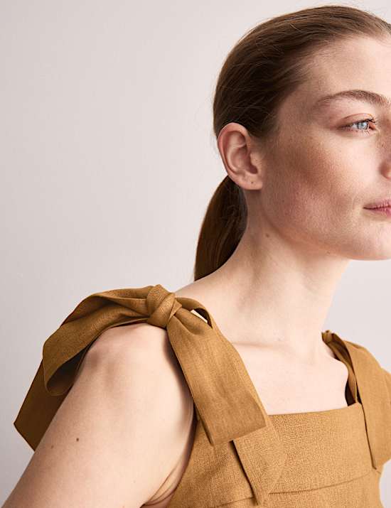 Μίντι φόρεμα με τιράντες που δένουν και τετράγωνη λαιμόκοψη από 100% λινό