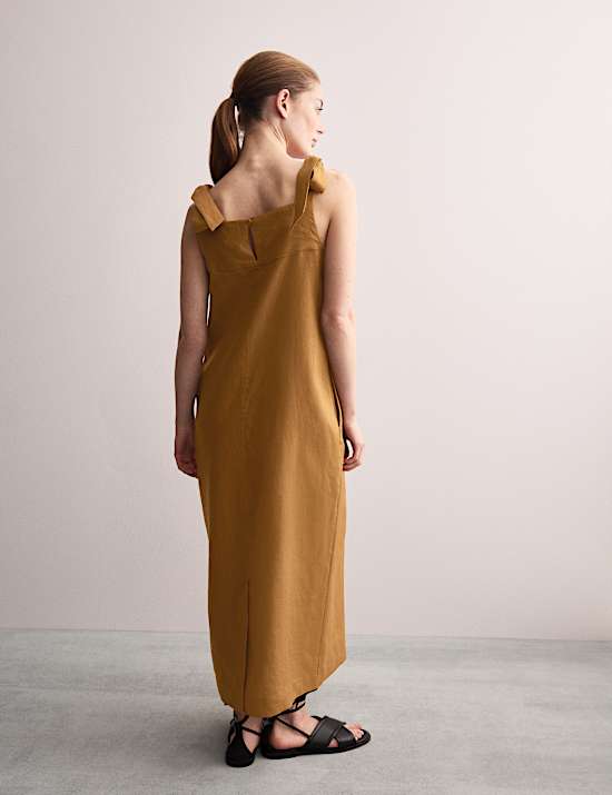 Μίντι φόρεμα με τιράντες που δένουν και τετράγωνη λαιμόκοψη από 100% λινό