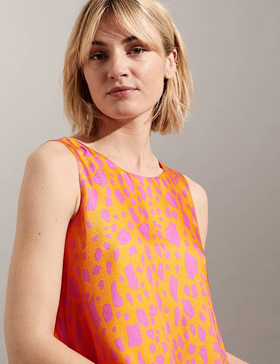 Gesmokte midi-jurk van zuiver zijde met dierenprint