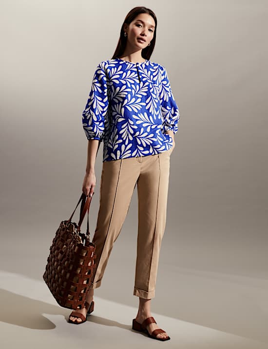 Pure Linen Floral Tie Neck Top