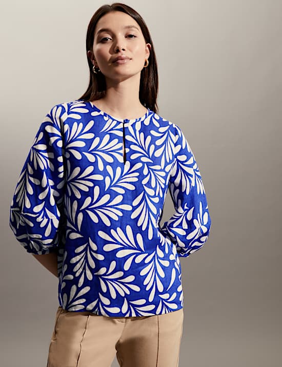 Pure Linen Floral Tie Neck Top