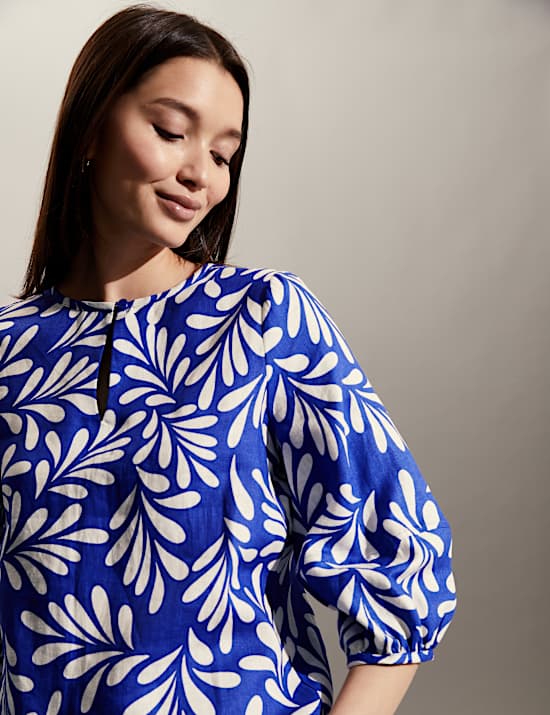 Pure Linen Floral Tie Neck Top