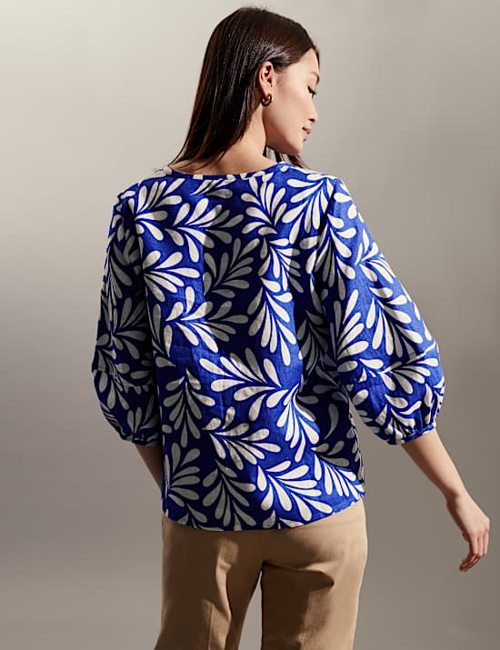 Pure Linen Floral Tie Neck Top