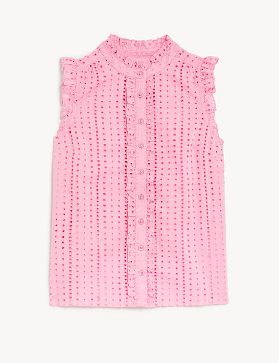 Zuiver katoenen top met ruchekraag en broderie