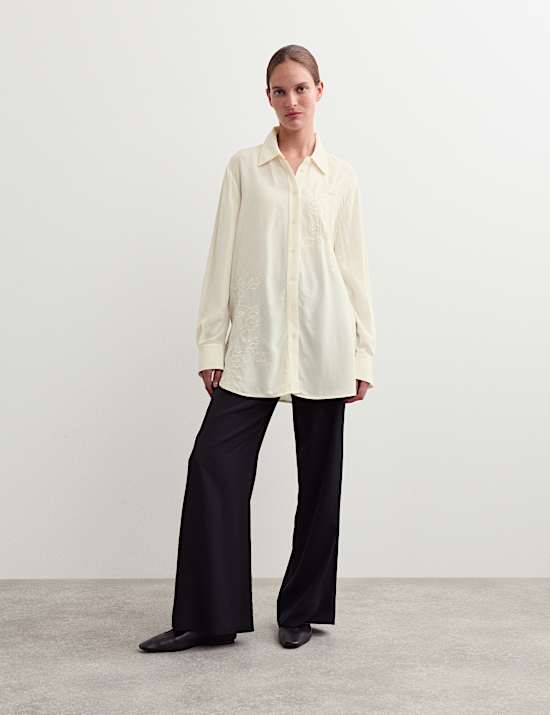 Longline Embroidered Collared Button Through Shirt
