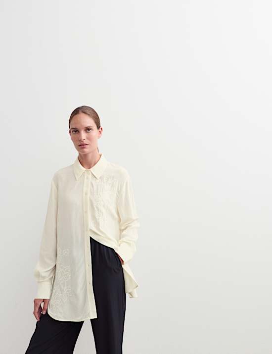 Longline Embroidered Collared Button Through Shirt