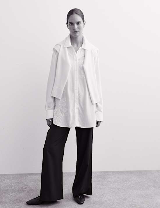 Longline Embroidered Collared Button Through Shirt