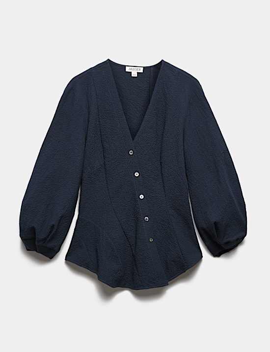 Blouse en coton textur&eacute; &agrave; col en V