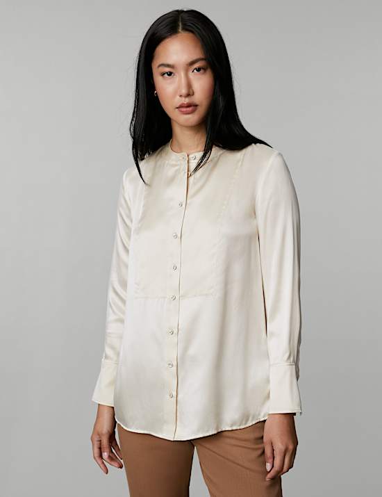 Pure Silk Round Neck Bib Detail Shirt