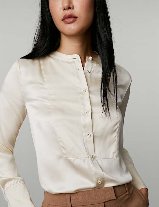 Pure Silk Round Neck Bib Detail Shirt