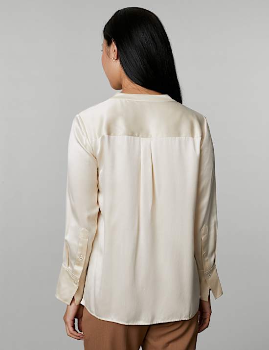 Pure Silk Round Neck Bib Detail Shirt